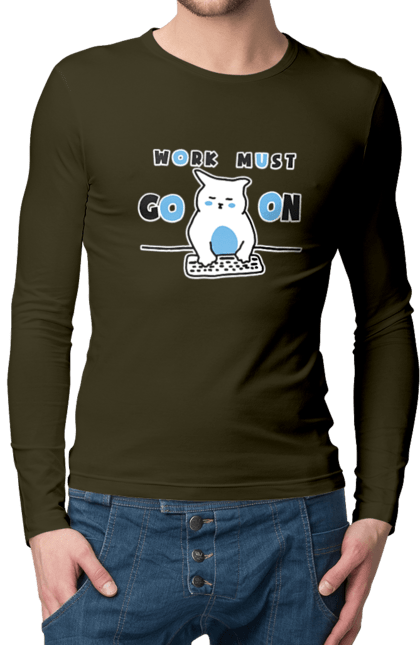 Men`s longsleeve with prints Work must go on. Cat, cats, work. 2070702
