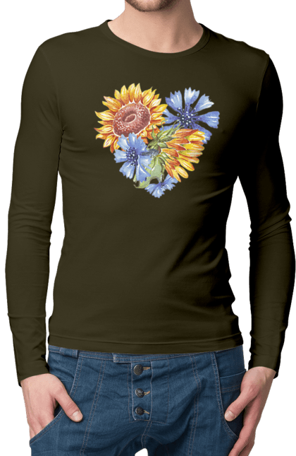 Чоловічий лонгслів з принтом "Серце соняшники та фіалки". Квіти, люблю україну, любов, серце, соняшник, україна, фіалки. 2070702