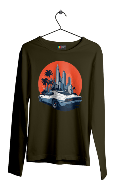 Чоловічий лонгслів з принтом "Авто". Гонка, захід сонця, спортивний автомобіль, швидкість. 2070702