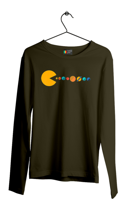 Чоловічий лонгслів з принтом "Pac Man Planets". Atari, namco, pac man, аркадна відеогра, відеогра, комп`ютерна гра, космос, лабіринт, планети, сонячна система. 2070702