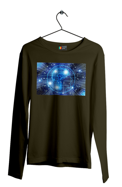 Чоловічий лонгслів з принтом "Штучний інтелект". Айті, айтішник, гік, знання, інженер, інтелект, кібер, кібернетика, кіборг, код, комп, комп`ютерник, кристал, машинне навчання, мікросхема, мозок, портрет, програміст, професіонал, професія, розробник, розум, хакер, чіп, штучний інтелект, штучний розум. 2070702