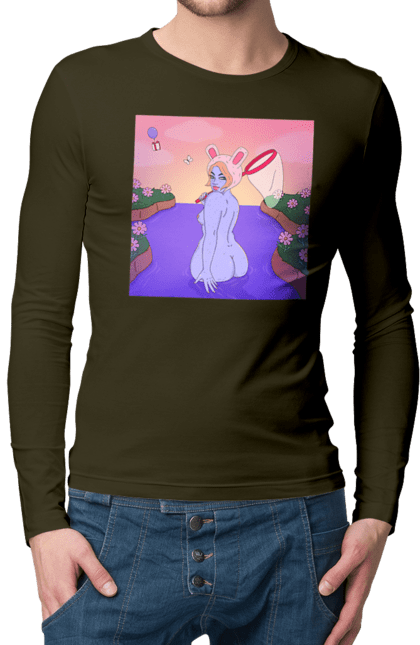 Чоловічий лонгслів з принтом "Фіолетова Дівчина На Полюванні". Гола, дівчина, сачок. 2070702