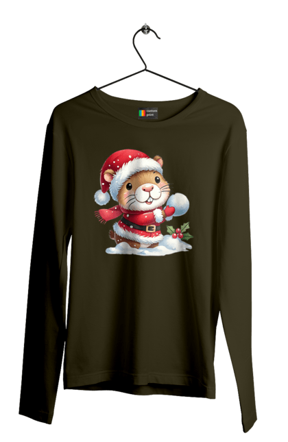 Men's longsleeve with prints Capybara playing snowballs. Animal, capybara, christmas, christmas capybara, game, gift, holiday, new year, santa, snowballs. 2070702