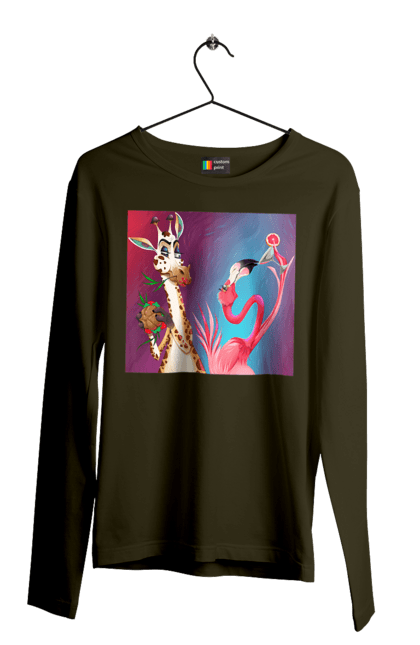 Men`s longsleeve with prints Giraffe And Flamingo At The Party. Cocktail, flamingo, food, giraffe. 2070702