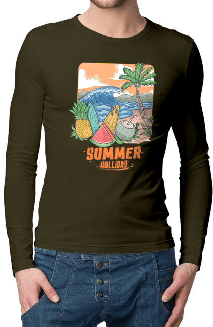 Men`s longsleeve with prints Summer Holidays. Palm, sea, summer, waves. 2070702