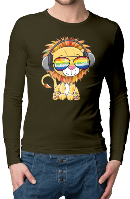 Чоловічий лонгслів з принтом "Левеня В Окулярах І Навушниках". Лев, левеня, навушники, окуляри. 2070702