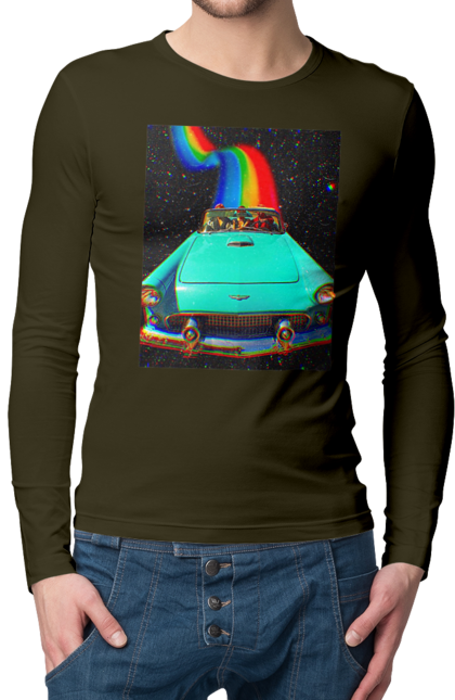 Чоловічий лонгслів з принтом "Картина, машина у космосі". Веселка, картина, космос, машина, подорожі, поїздка, прикол, ретро. 2070702