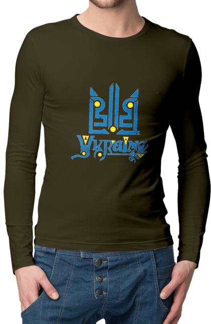 Чоловічий лонгслів з принтом "Україна та тризуб темний фон". Sarabeevart, день незалежності, друк, купити, патріотична, слава україні, тризуб, україна. 2070702