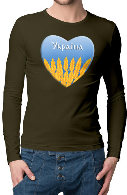 Чоловічий лонгслів з принтом "Серце з колосками Україна". Воля, колоски, небо, перемога, прапор україни, пшениця, серце, символ україни, україна. 2070702