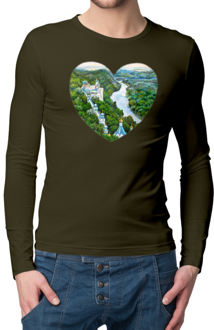 Мужской лонгслив с принтом Святогорская лавра. Донецкая область, лес, монастырь, пейзаж, река, святогорск, украина, церковь. 2070702