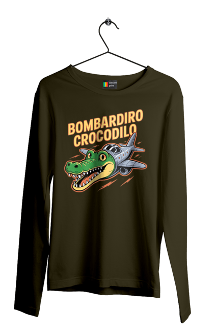 Чоловічий лонгслів з принтом "Bombardino Crocodilo". Bombardino, bombardino crocodilo, crocodilo, бомбардиро крокодило, бомбардіно крокоділо, крокодил, крокодил літак, крокодил мем, мем бомбардине крокодило, меми. 2070702