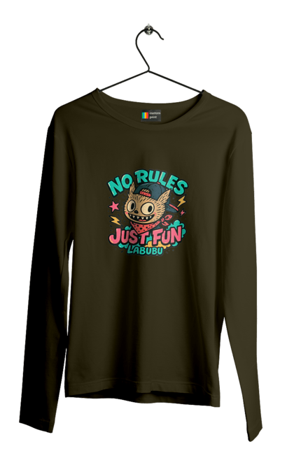 Чоловічий лонгслів з принтом "Лабубу". Norulesjustfun, y2k, бандана, вуличний стиль, грайливий, графіті, зухвалий, лабубу, ретромультяшка, яскраво. 2070702