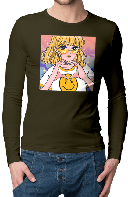 Men`s longsleeve with prints Yellow Girl. Anime, girl, smiley. 2070702