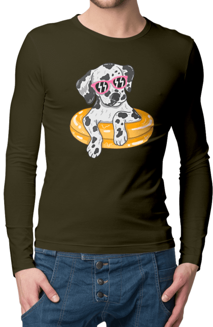 Чоловічий лонгслів з принтом "Далматинець Плаває У Колі". Далматинець, окуляри, плавати, собака. 2070702