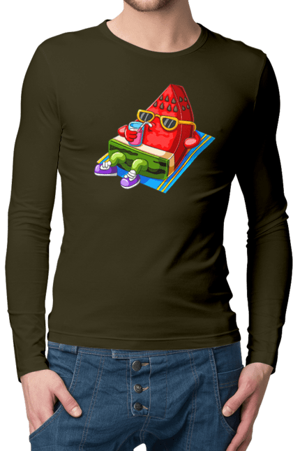 Мужской лонгслив с принтом Арбуз Пьет Коктейль. Арбуз, коктейль, лето. 2070702