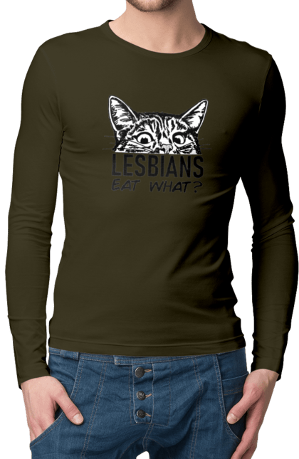 Чоловічий лонгслів з принтом "Lesbians eat what?". Гумор, котики, лгбт, лесбіянки, приколи, смішні написи. 2070702