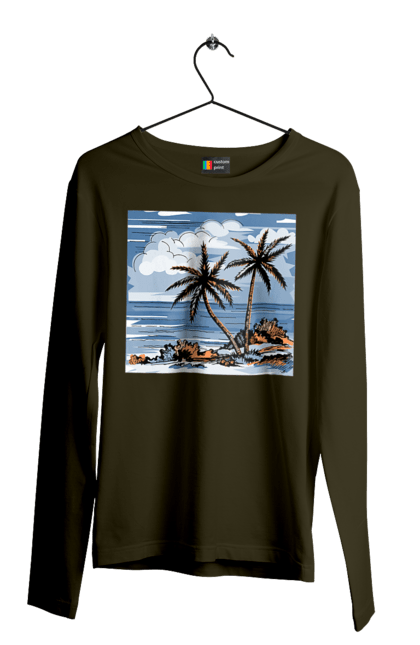 Мужской лонгслив с принтом Пальмы И Небо. Море, небо, облака, пальмы. 2070702