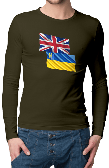 Чоловічий лонгслів з принтом "Прапор Великої Британії, прапор України, Підтримка України". Британія, велика британія, війна, киев, мир, національні кольори, прапор, прапор британії, прапор великої британії. 2070702