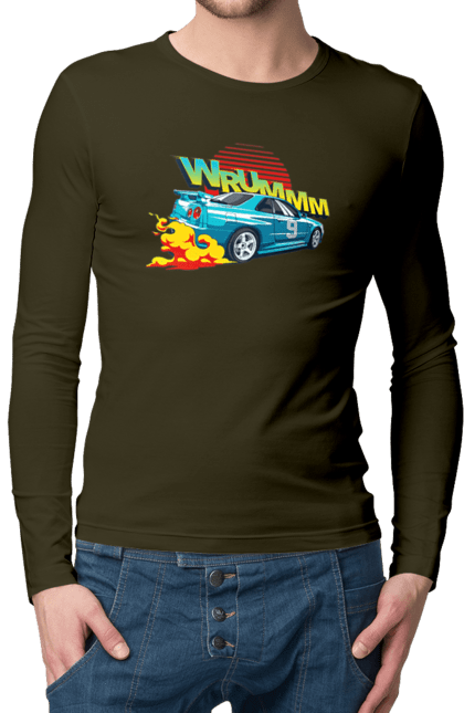 Чоловічий лонгслів з принтом "Авто". Авто, вогонь, вулиці, денги, дрифт, спорт, спортивне авто, швидкість. 2070702