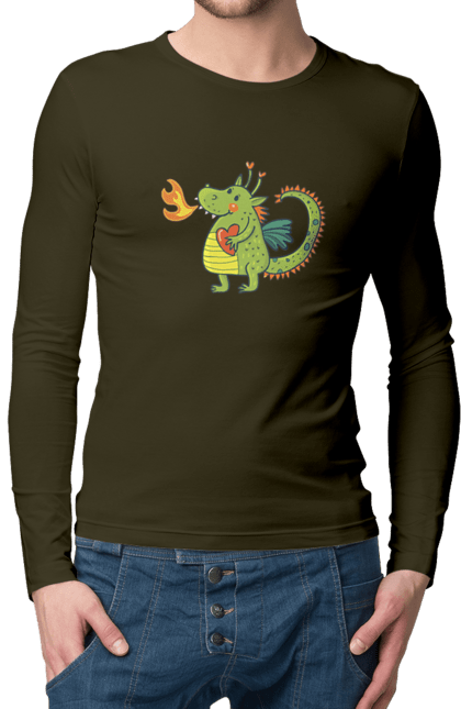 Men's longsleeve with prints Dragon in love. Dragon, fire, green dragon, heart, hearts, love, new year, symbol 2024. 2070702