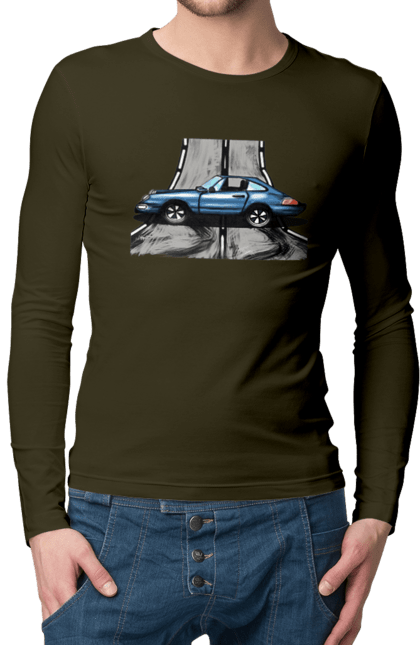 Чоловічий лонгслів з принтом "Спортивний Автомобіль На Дорозі". Автомобіль, гонки, синій, спортиного, швидкий, швидкісний. 2070702