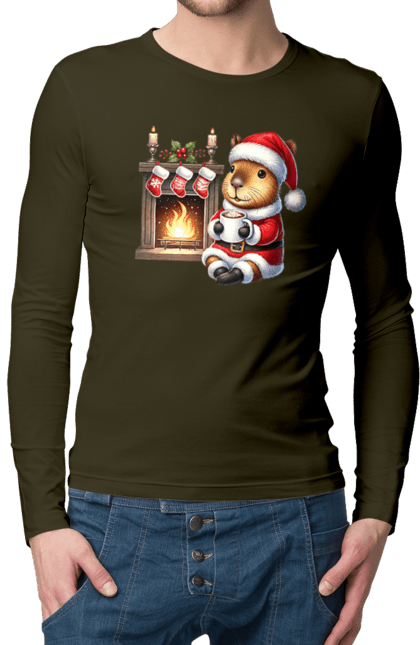 Men's longsleeve with prints Capybara by the fireplace with hot chocolate. Animal, capybara, christmas, christmas capybara, fireplace, gift, holiday, hot chocolate, new year, santa. 2070702