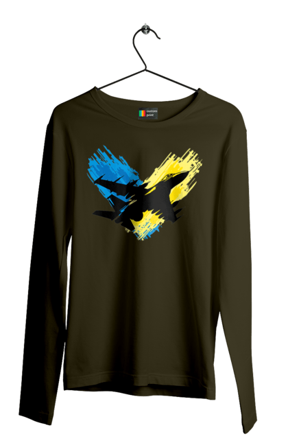 Чоловічий лонгслів з принтом "Літак F 16". З прапором, зсу, літак, літак f16, патріотична, прапор, ф16. 2070702