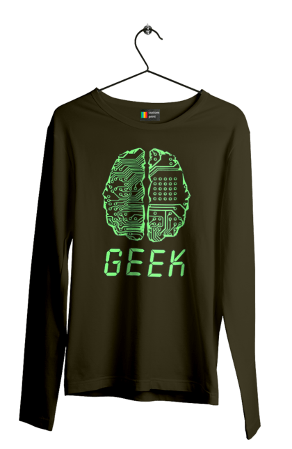 Чоловічий лонгслів з принтом "Гик Мозок Неоновий". Айті, айтішник, гик, друкована плата, зелений, знання, інженер, кібер, кібернетика, кіборг, код, комп, комп’ютерник, кристал, мікросхема, мозок, неон, неоновий, програміст, професіонал, професія, розробник, розум, світиться, світло, чіп. 2070702