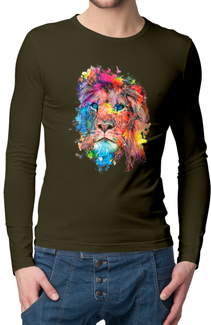 Чоловічий лонгслів з принтом "Лев із фарби". Барвистий лев, індійський лев, лев, лев та холі, розмальовка, святковий лев, фарби, холи. 2070702