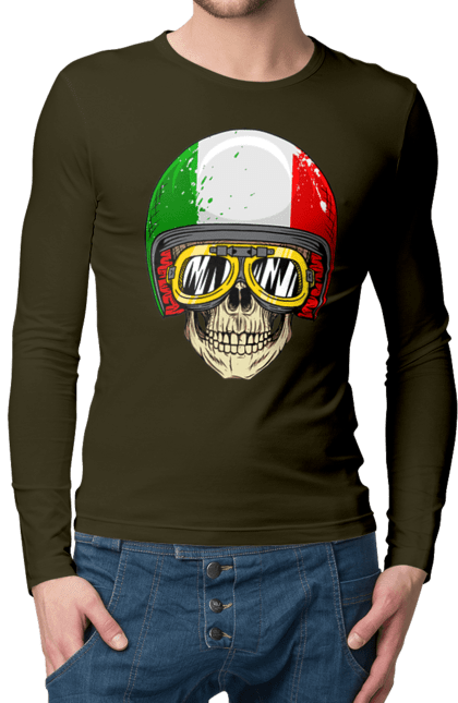 Чоловічий лонгслів з принтом "Череп в мотошоломі". Мото, окуляри, череп, шолом. 2070702
