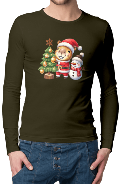 Men's longsleeve with prints Christmas Capybara with a Tree. Animal, capybara, christmas, christmas capybara, christmas tree, gift, holiday, new year, new year`s gift, santa. 2070702