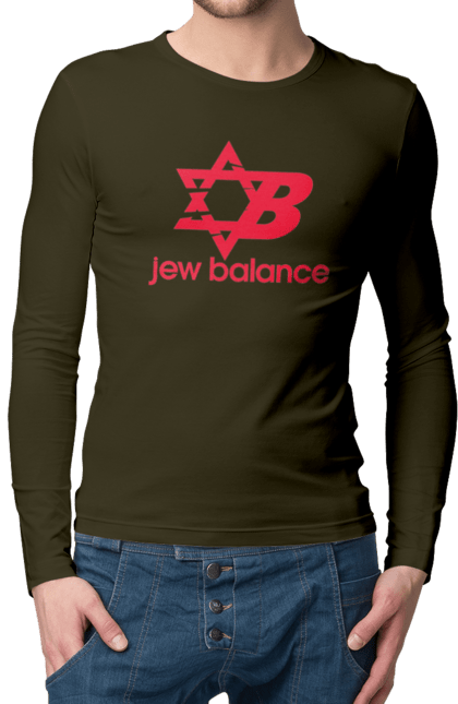 Чоловічий лонгслів з принтом "Jew Balance Red". New balance, гумор, еврейські, жарти, жартівливі, літні, прикольні, червоний. 2070702