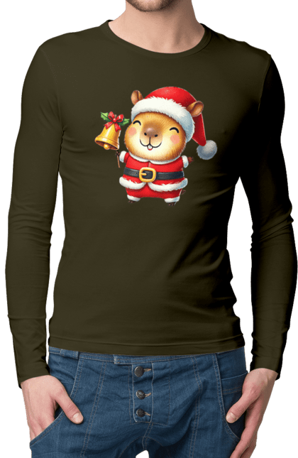 Men's longsleeve with prints Funny capybara with a bell. Animal, bell, capybara, christmas, christmas capybara, gift, holiday, new year, new year`s gift, santa. 2070702