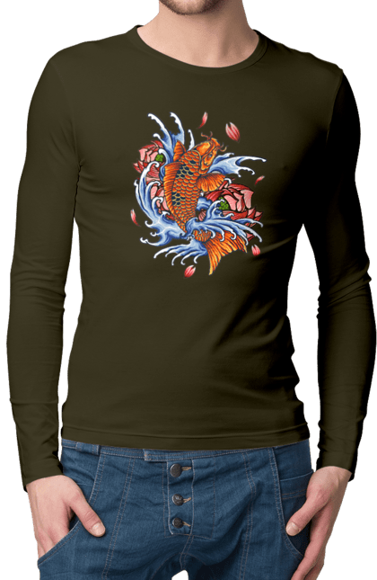 Men`s longsleeve with prints Fish and waves. Fish, flower, wave. 2070702