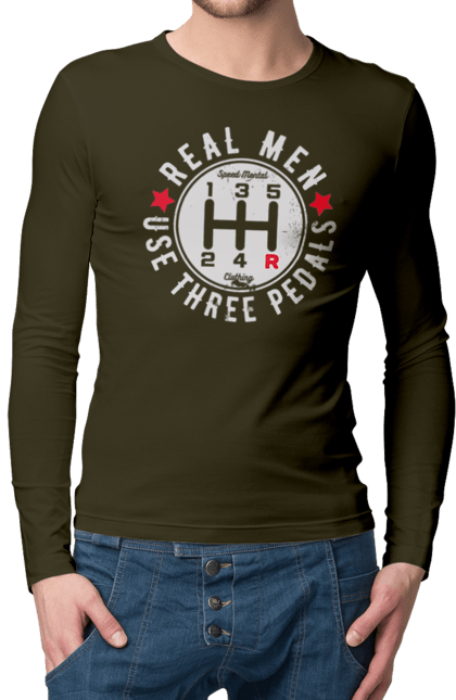 Чоловічий лонгслів з принтом "Справжні чоловіки використовують три педалі". Авто гумор, автомобіль, гумор, для автолюбителів, для автомобіліста, коробка передач, мем, механіка, прикольна. 2070702