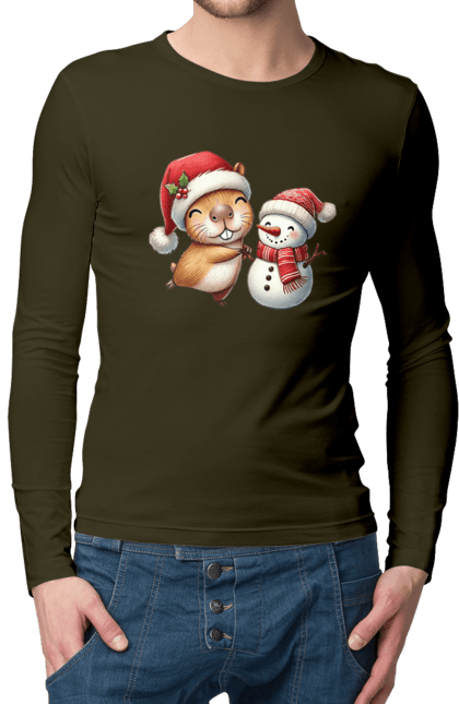 Men's longsleeve with prints Capybara and Snowman. Animal, capybara, christmas, christmas capybara, gift, holiday, new year, new year`s gift, santa, snowman. 2070702