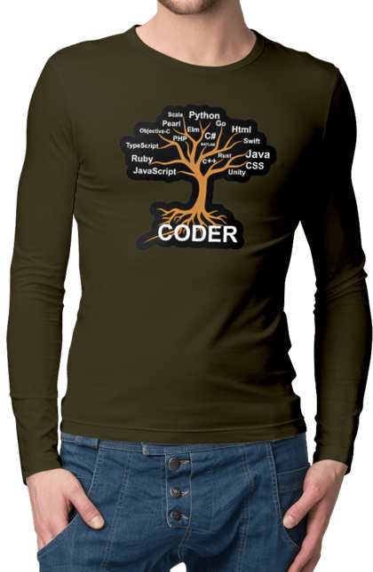 Чоловічий лонгслів з принтом "Кодер". Айті, айтішник, для айтішника, для програміста, кодер, подарунок айтішнику, подарунок програмісту, програміст, розробник. 2070702