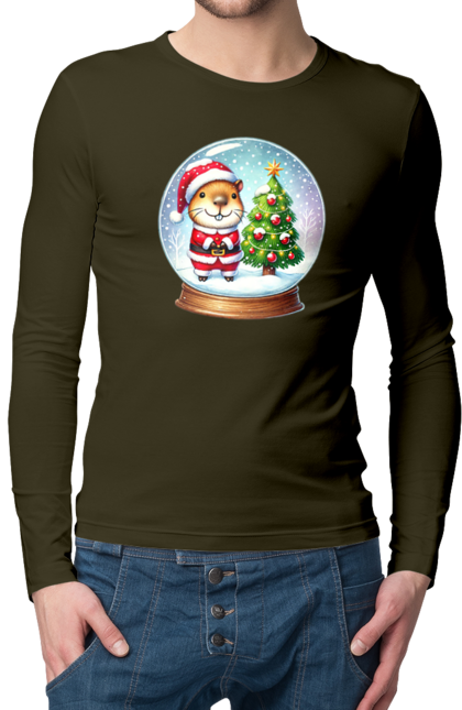 Men's longsleeve with prints Christmas Capybara with a Tree. Animal, capybara, christmas, christmas capybara, christmas tree, gift, holiday, new year, new year`s gift, santa. 2070702