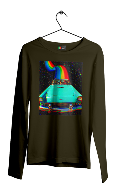 Чоловічий лонгслів з принтом "Картина, машина у космосі". Веселка, картина, космос, машина, подорожі, поїздка, прикол, ретро. 2070702