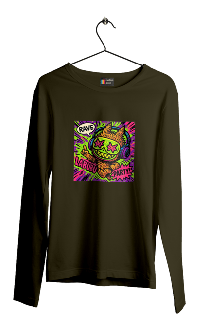 Чоловічий лонгслів з принтом "Лабубу". Вечірка, вуличне мистецтво, графіті, зоряніочі, коміксстиль, лабубу, навушники, неон, попарт, рейв. 2070702