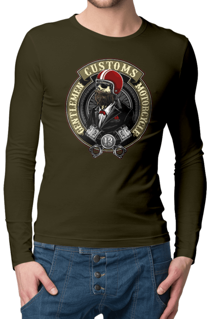 Men`s longsleeve with prints Gentlemen motorcycle. Gentleman, helmet, motorcycle, skull. 2070702