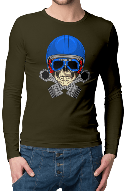 Чоловічий лонгслів з принтом "череп мотолюбитель". Байкер, окуляри, череп, шолом. 2070702