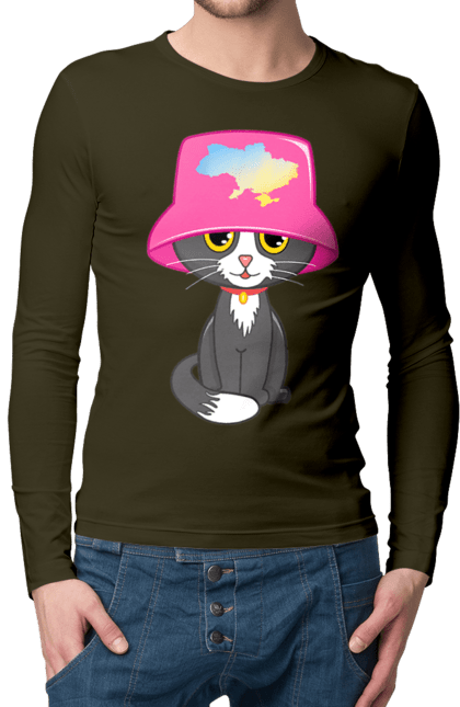 Чоловічий лонгслів з принтом "Котик з картою україни". Євробачення, калош, кіт, котик, музика, панама калоша, символ україни, україна. 2070702