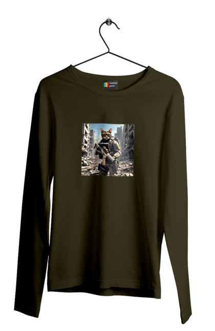 Чоловічий лонгслів з принтом "Кіт десантник". Бронежилет, війна, військовий, гвинтівка, захисник, камуфляж, кіт, рушниця. 2070702