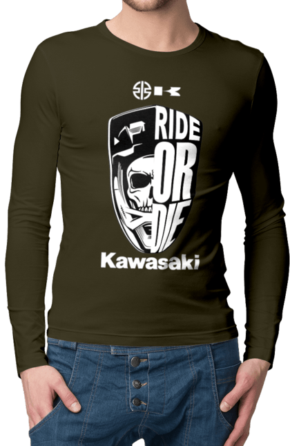 Чоловічій лонгслів з принтом "Kawasaki". Kawasaki, ride or die, бренд, мотоцикл, спорт, череп. 2070702