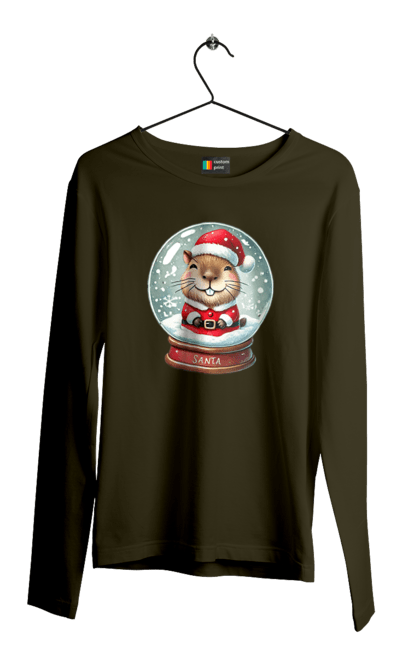 Men's longsleeve with prints Capybara in a snow globe. Animal, capybara, christmas, christmas capybara, gift, holiday, new year, new year`s gift, santa, snow globe. 2070702