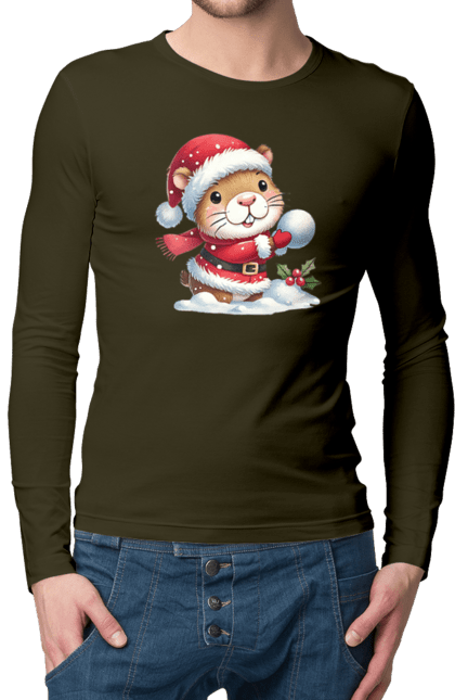 Men's longsleeve with prints Capybara playing snowballs. Animal, capybara, christmas, christmas capybara, game, gift, holiday, new year, santa, snowballs. 2070702