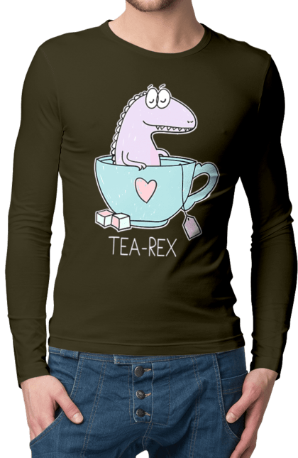 Чоловічій лонгслів з принтом "Динозавр прінмаем в чашці чай". Динозавр, релакс, чай, чашка. CustomPrint.market