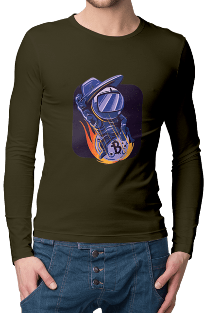 Чоловічий лонгслів з принтом "Космо біткоїн". Биткоин, бінарний, біткоїн, біткойн, валюта, гроші, крипто, програміст, хакер. 2070702