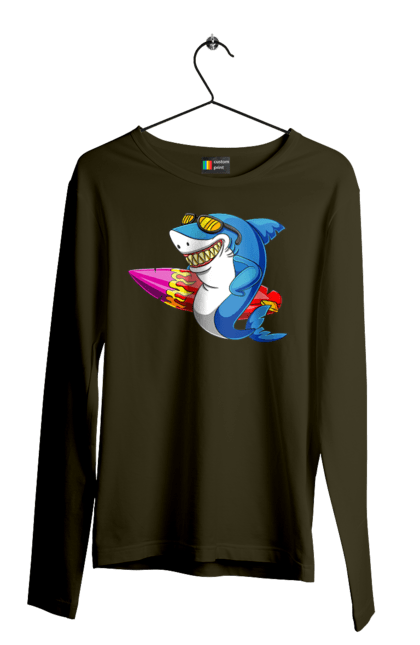 Чоловічий лонгслів з принтом "Акула В Окулярах З Серфінгом". Акула, літо, окуляри, серфінг. 2070702